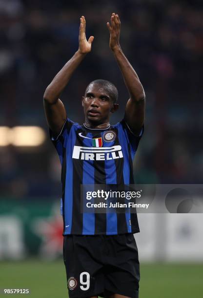 Samuel Eto'o of Inter thanks the support after the UEFA Champions League Semi Final 1st Leg match between Inter Milan and Barcelona at the San Siro...