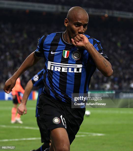 Maicon of Inter celebrates scoring his teams second goal during the UEFA Champions League Semi Final 1st Leg match between Inter Milan and Barcelona...