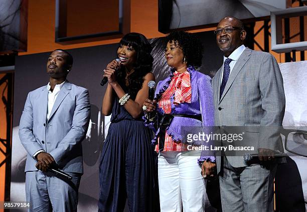 Ray J, Brandy, Sonja Norwood and Willie Norwood speak onstage during the Vh1 Upfront 2010 at Pier 59 Studios on April 20, 2010 in New York City.