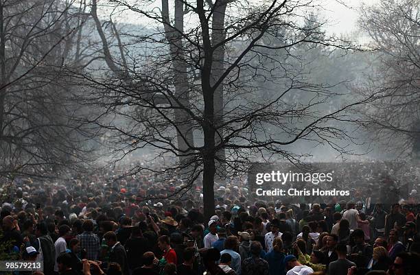 Haze of marijuana settles on the crowd at 4:20 pm April 20, 2010 at the University of Colorado in Boulder, Colorado. April 20th has become a de facto...