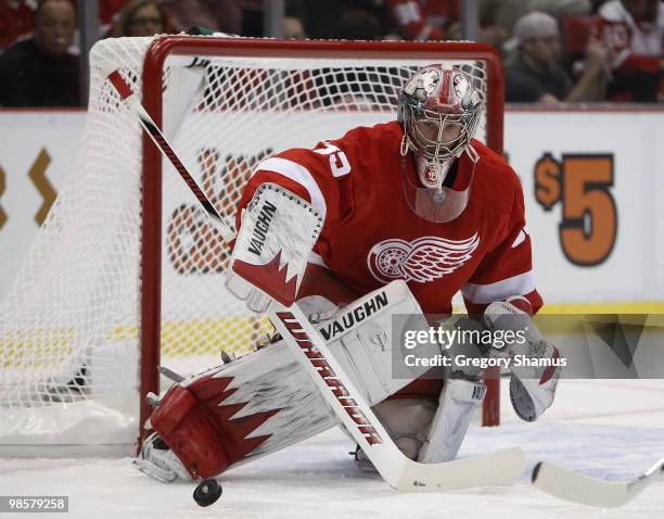 Jimmy Howard of the Detroit Red Wings makes a first-period save against the Phoenix Coyotes during Game Four of the Western Conference Quarterfinals...