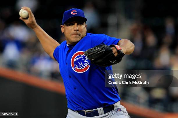 Carlos Zambrano of the Chicago Cubs pitches against the New York Met on April 20, 2010 at Citi Field in the Flushing neighborhood of the Queens...