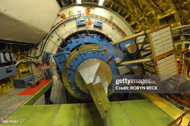 The telescope focal point and counterrweight are seen inside the of the Stratospheric Observatory for Infrared Astronomy , a cooperative venture...