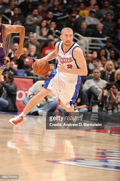 Steve Blake of the Los Angeles Clippers drives the ball against the Phoenix Suns at Staples Center on March 3, 2010 in Los Angeles, California. NOTE...