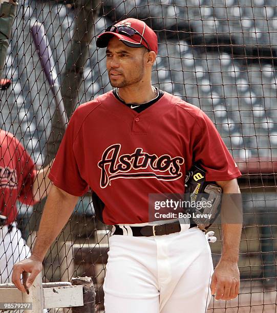 Pedro Feliz of the Houston Astros looks on during batting practice before the game against the Florida Marlins at Minute Maid Park on April 20, 2010...