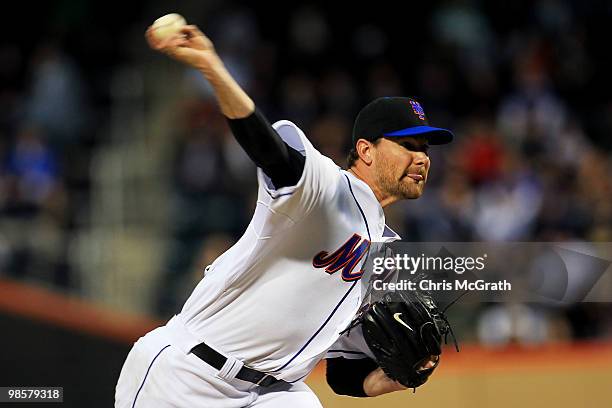 Mike Pelfrey of the New York Mets pitches against the Chicago Cubs on April 20, 2010 at Citi Field in the Flushing neighborhood of the Queens borough...