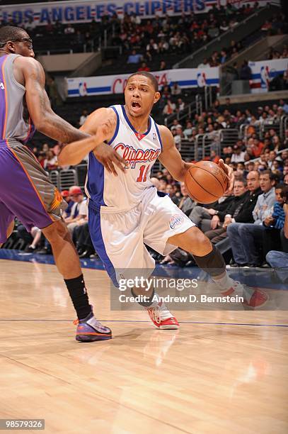 Eric Gordon of the Los Angeles Clippers drives the ball against the Phoenix Suns at Staples Center on March 3, 2010 in Los Angeles, California. NOTE...