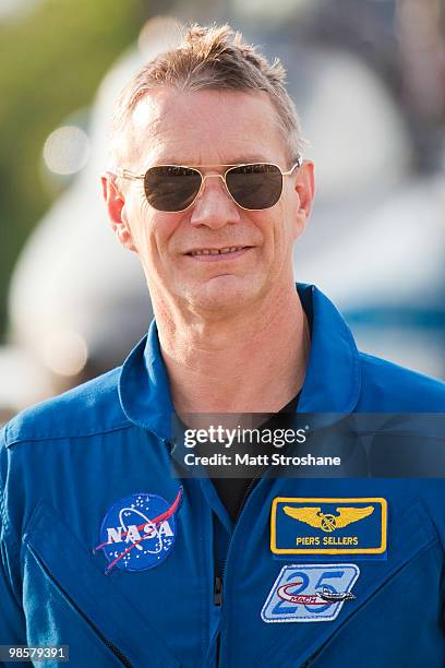 Space Shuttle Atlantis Mission Specialist Piers Sellers addresses the media after arriving at the shuttle landing facility in their T-38 jets at...