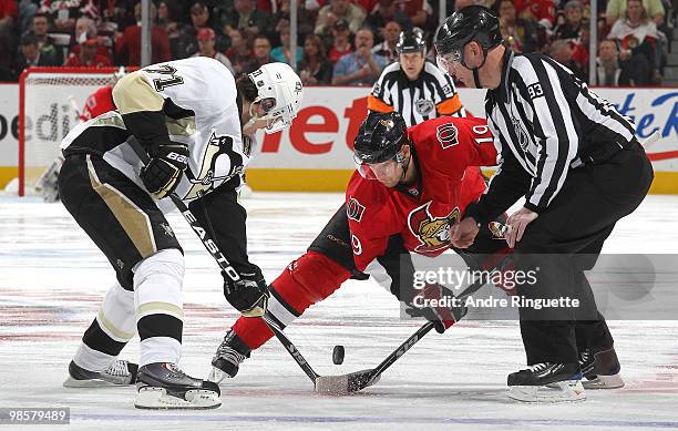 Jason Spezza of the Ottawa Senators faces off against Evgeni Malkin of the Pittsburgh Penguins in Game Four of the Eastern Conference Quarterfinals...