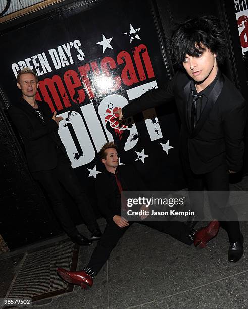 Musicians Mike Dirnt, Tre Cool and Billie Joe Armstrong of Green Day attend the Broadway Opening of "American Idiot" at the St. James Theatre on...
