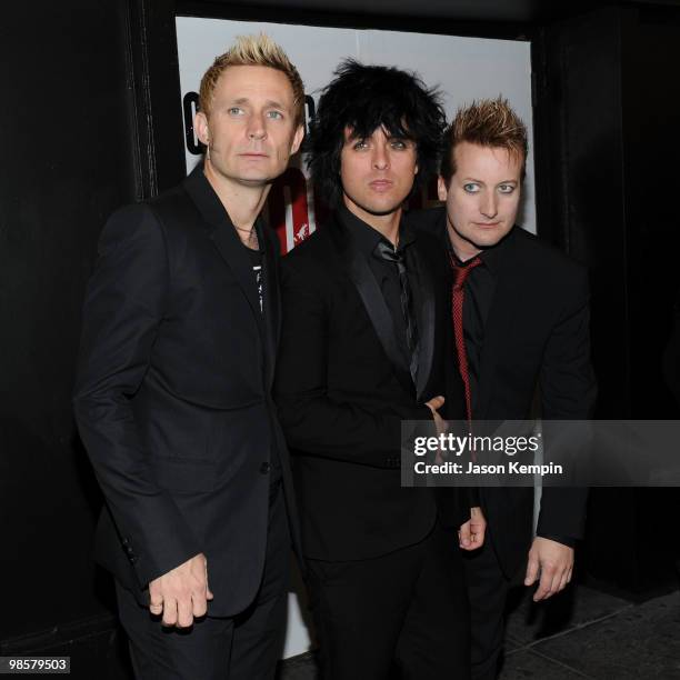 Musicians Mike Dirnt, Billie Joe Armstrong and Tre Cool of Green Day attend the Broadway Opening of "American Idiot" at the St. James Theatre on...