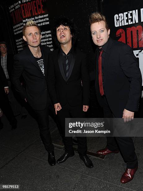 Musicians Mike Dirnt, Billie Joe Armstrong and Tre Cool of Green Day attend the Broadway Opening of "American Idiot" at the St. James Theatre on...