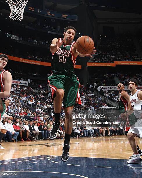 Dan Gadzuric of the Milwaukee Bucks grabs a rebound against the Atlanta Hawks in Game Two of the Eastern Conference Quarterfinals during the 2010 NBA...