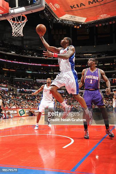 Rasual Butler of the Los Angeles Clippers makes a layup against the Phoenix Suns at Staples Center on March 3, 2010 in Los Angeles, California. NOTE...