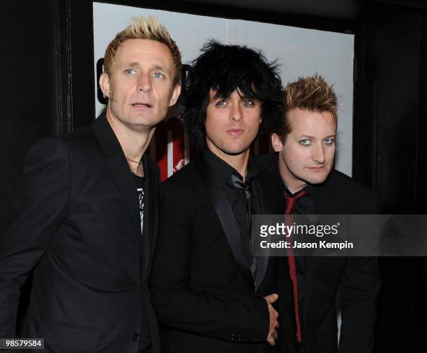 Musicians Mike Dirnt, Billie Joe Armstrong and Tre Cool of Green Day attend the Broadway Opening of "American Idiot" at the St. James Theatre on...
