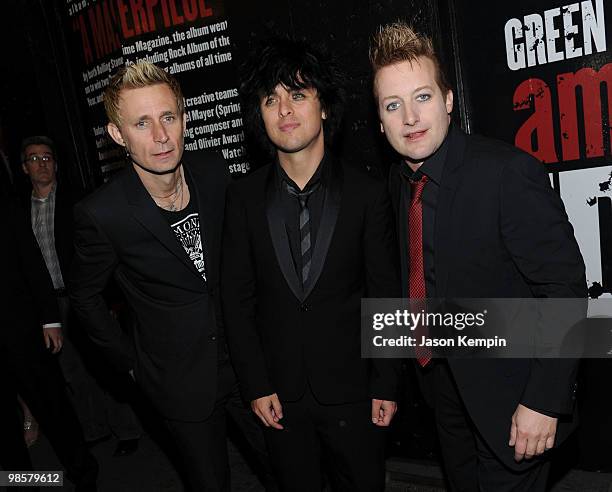 Musicians Mike Dirnt, Billie Joe Armstrong and Tre Cool of Green Day attend the Broadway Opening of "American Idiot" at the St. James Theatre on...