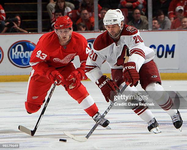 Robert Lang of the Phoenix Coyotes tries to reach the puck before Darren Helm of the Detroit Red Wings during Game Four of the Eastern Conference...