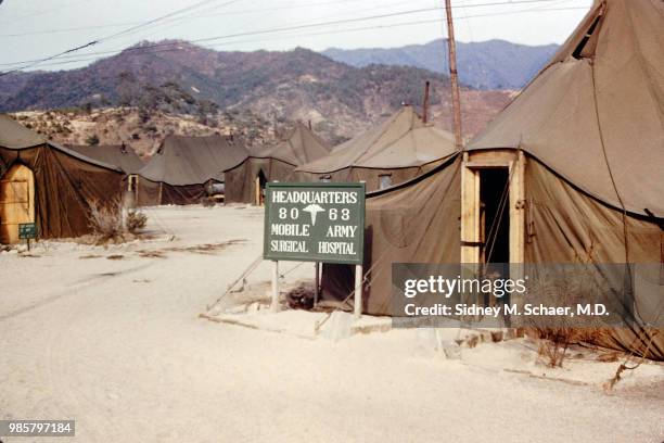 View of the 8063rd MASH headquarters tent, South Korea, January 1952.