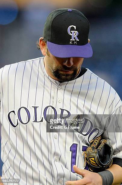 Todd Helton of the Colorado Rockies wears the initials K.M. On his cap in honor of Rockies President Keli McGregor during the game against the...