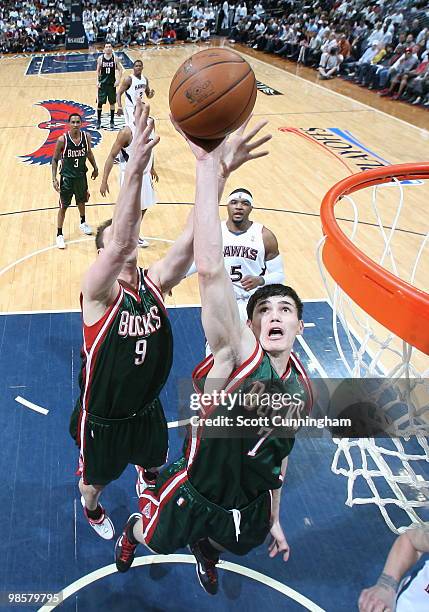 Ersan Ilyasova of the Milwaukee Bucks grabs a rebound against the Atlanta Hawks in Game Two of the Eastern Conference Quarterfinals during the 2010...