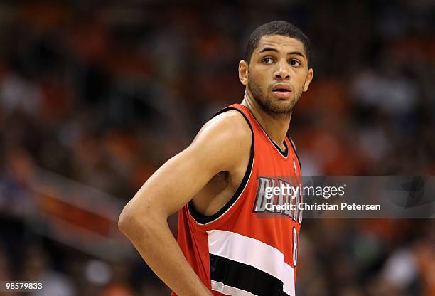 Nicolas Batum of the Portland Trail Blazers in action during Game One of the Western Conference Quarterfinals of the 2010 NBA Playoffs against the...