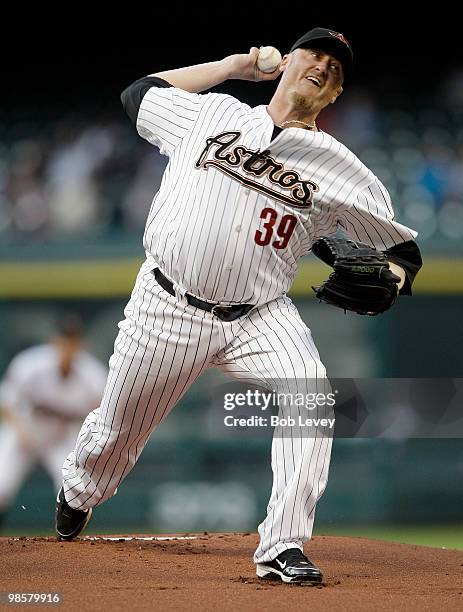 Pitcher Brett Meyers of the Houston Astros throws in the first inning against the Florida Marlins at Minute Maid Park on April 20, 2010 in Houston,...