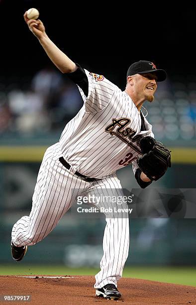 Pitcher Brett Meyers of the Houston Astros throws in the first inning against the Florida Marlins at Minute Maid Park on April 20, 2010 in Houston,...