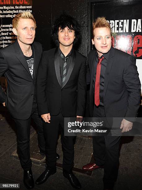 Mike Dirnt, Billie Joe Armstrong and Tre Cool of Green Day attends the opening of "American Idiot" on Broadway at the St. James Theatre on April 20,...