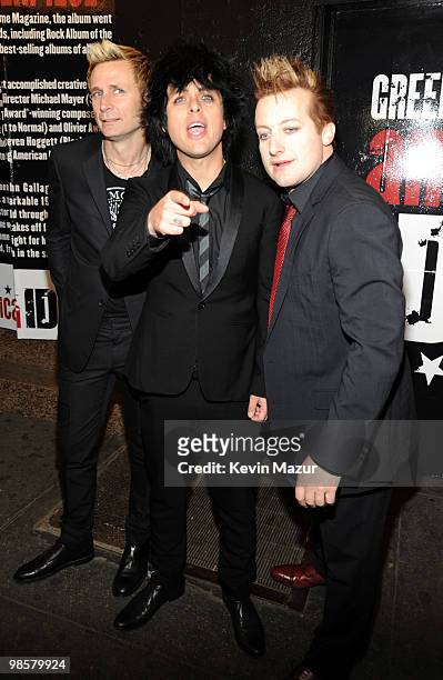 Mike Dirnt, Billie Joe Armstrong and Tre Cool of Green Day attends the opening of "American Idiot" on Broadway at the St. James Theatre on April 20,...