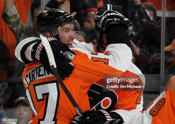 Jeff Carter of the Philadelphia Flyers celebrates his second period goal against the New Jersey Devils in Game Four of the Eastern Conference...