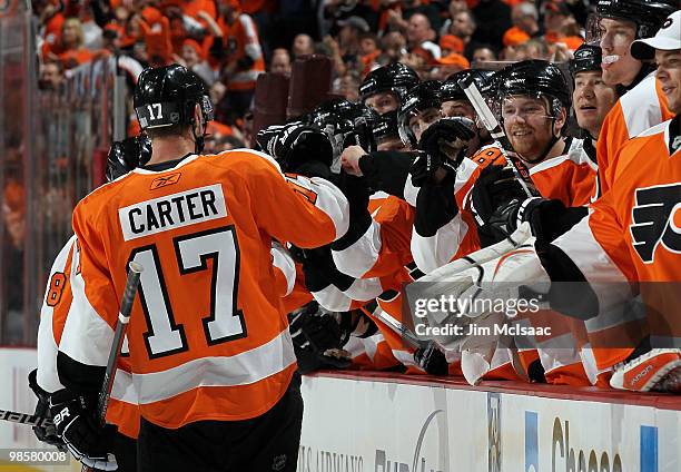 Jeff Carter of the Philadelphia Flyers celebrates his second period goal against the New Jersey Devils in Game Four of the Eastern Conference...