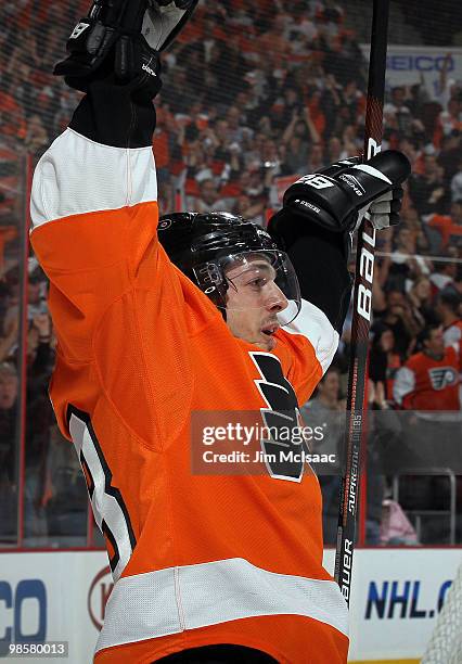 Daniel Briere of the Philadelphia Flyers celebrates his second period goal against the New Jersey Devils in Game Four of the Eastern Conference...