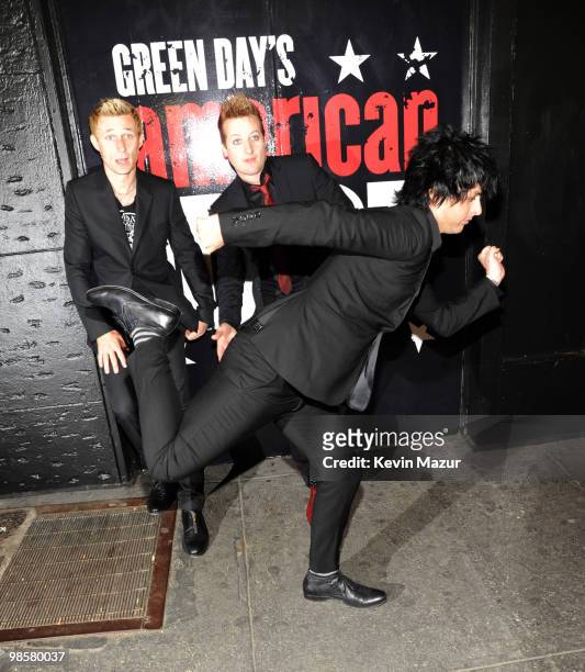 Mike Dirnt, Tre Cool and Billie Joe Armstrong of Green Day attend the opening of "American Idiot" on Broadway at the St. James Theatre on April 20,...