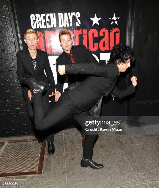 Mike Dirnt, Tre Cool and Billie Joe Armstrong of Green Day attend the opening of "American Idiot" on Broadway at the St. James Theatre on April 20,...
