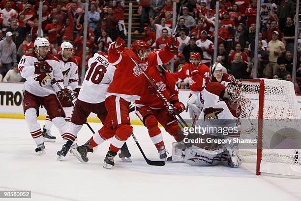 Valtteri Filppula of the Detroit Red Wings celebrates a third-period goal by teammate Henrik Zetterberg in front of Ilya Bryzgalov of the Phoenix...