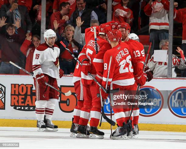 Pavel Datsyuk of the Detroit Red Wings celebrates his goal with teammates Nicklas Lidstrom, Brian Rafalski and Johan Franzen as Matthew Lombardi of...