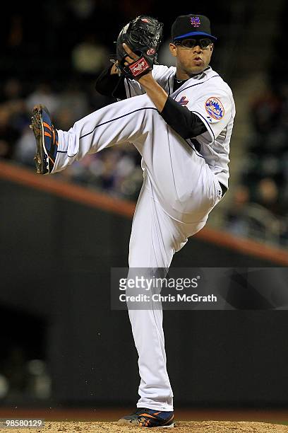 Francisco Rodriguez of the New York Mets pitches against the Chicago Cubs on April 20, 2010 at Citi Field in the Flushing neighborhood of the Queens...
