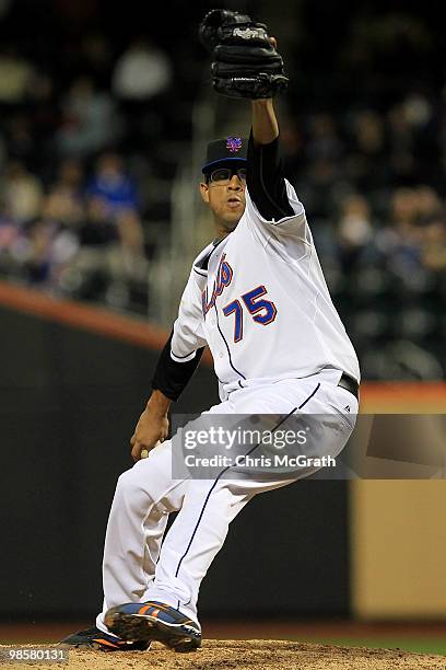 Francisco Rodriguez of the New York Mets pitches against the Chicago Cubs on April 20, 2010 at Citi Field in the Flushing neighborhood of the Queens...