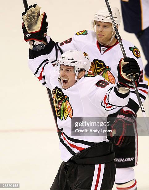 Tomas Kopecky of the Chicago Blackhawks celebrates after scoring a goal against the Nashville Predators during game 3 of the Western Conference...