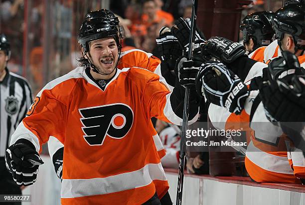 Daniel Carcillo of the Philadelphia Flyers celebrates his third period goal against the New Jersey Devils in Game Four of the Eastern Conference...