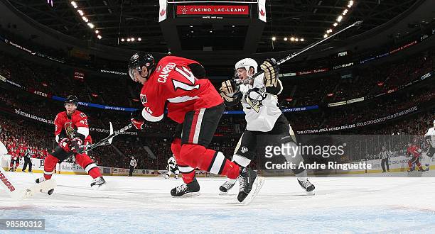 Chris Campoli of the Ottawa Senators knocks the puck away from the crease as Matt Cooke of the Pittsburgh Penguins pressures on the play in Game Four...