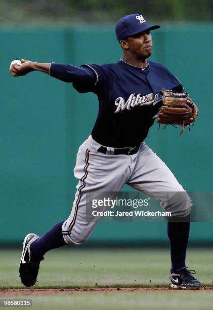 Alcides Escobar of the Milwaukee Brewers fields a ball against the Pittsburgh Pirates during the game on April 20, 2010 at PNC Park in Pittsburgh,...