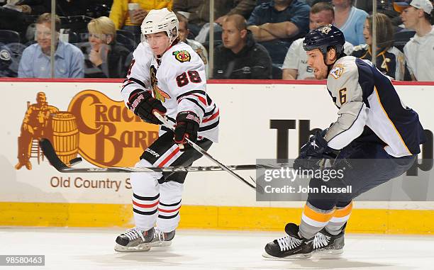 Shea Weber of the Nashville Predators skates against Patrick Kane of the Chicago Blackhawks in Game Three of the Western Conference Quarterfinals...