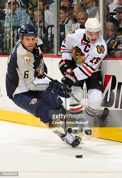 Shea Weber of the Nashville Predators skates against Jonathan Toews of the Chicago Blackhawks in Game Three of the Western Conference Quarterfinals...