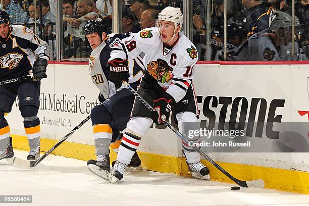 Ryan Suter of the Nashville Predators skates against Jonathan Toews of the Chicago Blackhawks in Game Three of the Western Conference Quarterfinals...