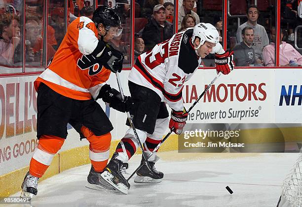 Kimmo Timonen of the Philadelphia Flyers defends against David Clarkson of the New Jersey Devils in Game Four of the Eastern Conference Quarterfinals...