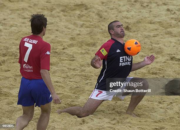 Ex Manchester United star Eric Cantona shows he hasn''t lost his touch during the Kronenbourg Beach Soccer Cup played at Hyde Park, London. Digital...