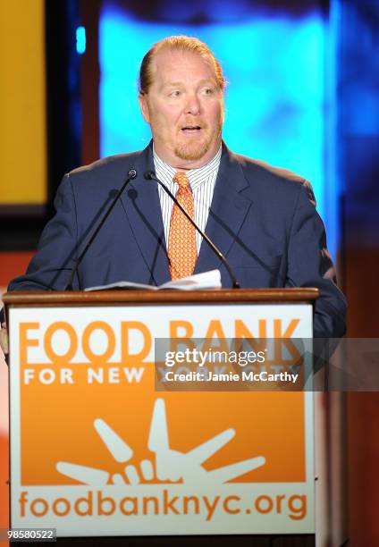 Chef Mario Batali speaks onstage at the Food Bank for New York City's 8th Annual Can-Do Awards dinner at Abigail Kirsch�s Pier Sixty at Chelsea Piers...