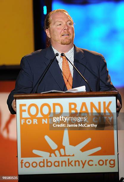 Chef Mario Batali speaks onstage at the Food Bank for New York City's 8th Annual Can-Do Awards dinner at Abigail Kirsch�s Pier Sixty at Chelsea Piers...