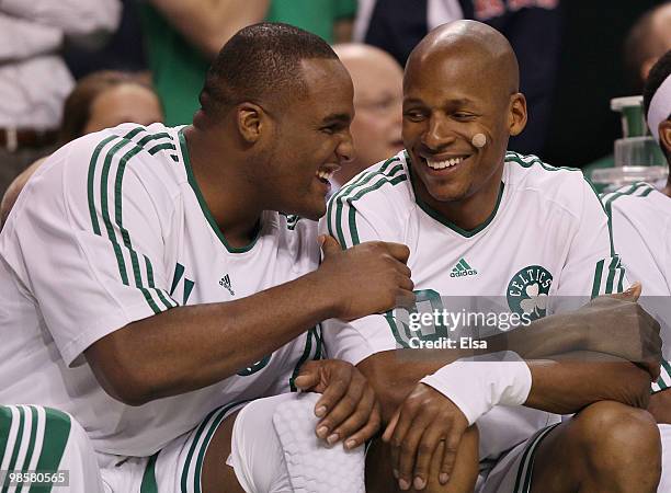 Glen Davis and Ray Allen of the Boston Celtics celebrate the win over the Miami Heat during Game Two of the Eastern Conference Quarterfinals of the...